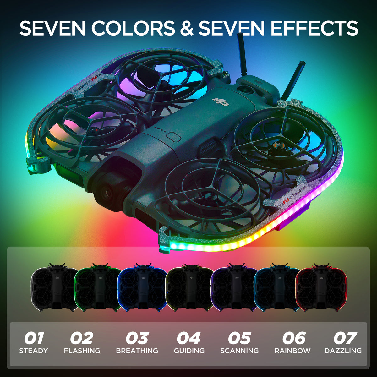 VIFLY Neo2Halo LED Light Strip for DJI Neo 2, Multi-Color Dynamic Modes Brings Stunning Aerial Light Shows, Bottom Light Illumination Ensures Position Stability in Darkness